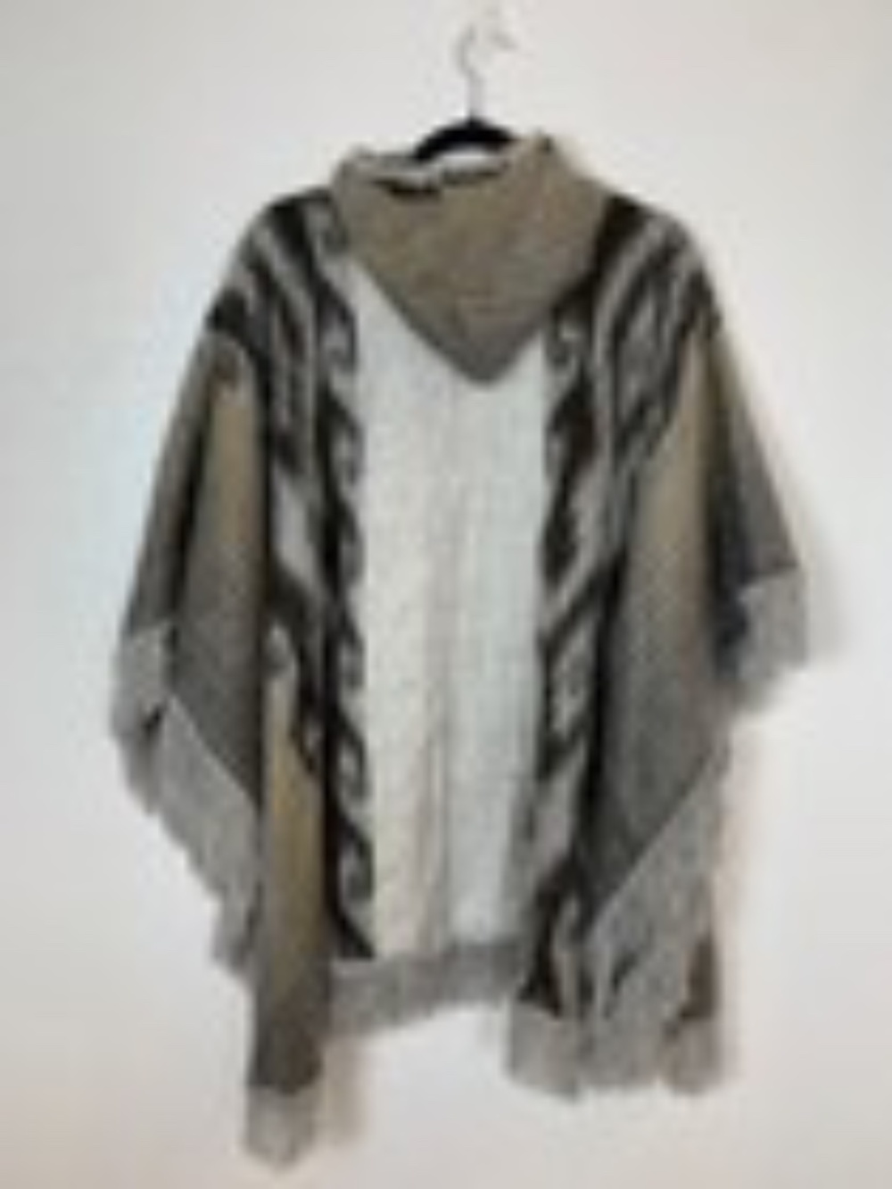 Alpaca Wool Blend Poncho with Hood Brown Gray Cream One Size Western Boho Unisex - Picture 11 of 12